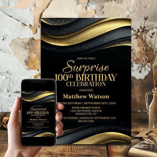 Modern Black and Gold Surprise 100th Birthday Kaart