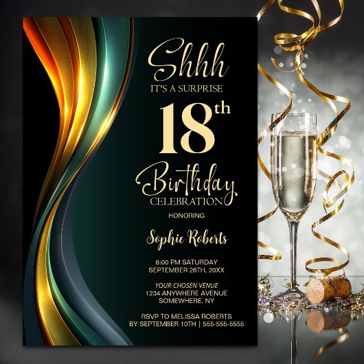 Modern Black and Gold Surprise 18th Birthday Party Kaart