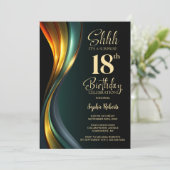 Modern Black and Gold Surprise 18th Birthday Party Kaart (Staand voorkant)