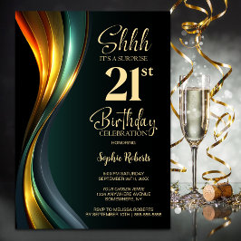 Modern Black and Gold Surprise 21st Birthday Party Kaart