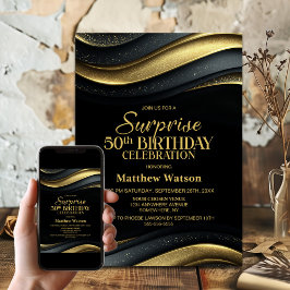 Modern Black and Gold Surprise 50th Birthday Party Kaart