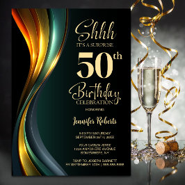 Modern Black and Gold Surprise 50th Birthday Party Kaart