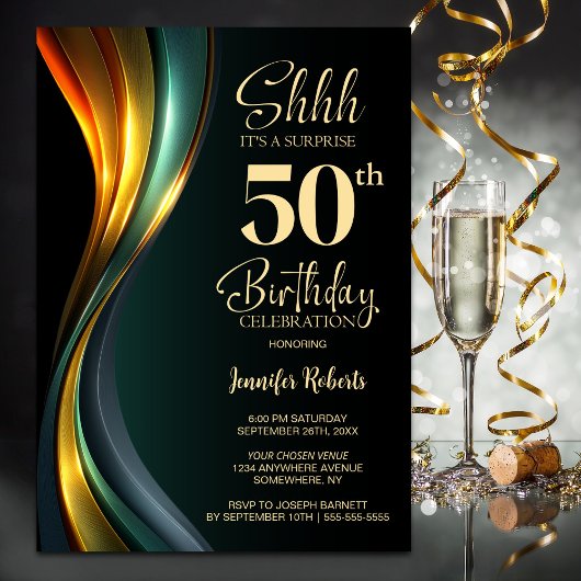 Modern Black and Gold Surprise 50th Birthday Party Kaart