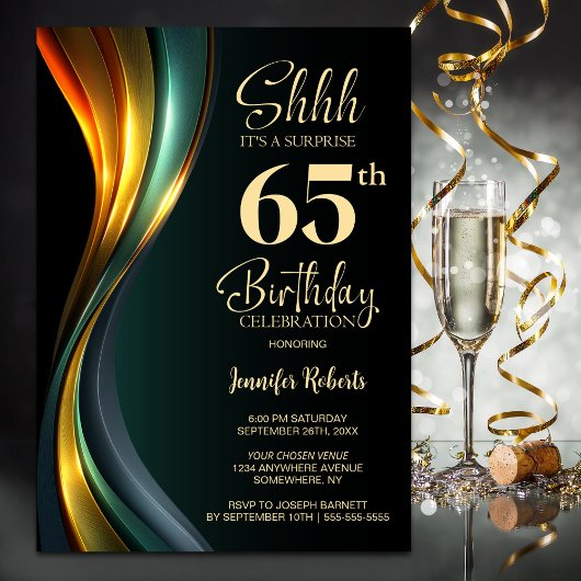 Modern Black and Gold Surprise 65th Birthday Party Kaart