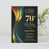 Modern Black and Gold Surprise 70th Birthday Party Kaart (Staand voorkant)