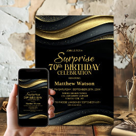 Modern Black and Gold Surprise 70th Birthday Party Kaart