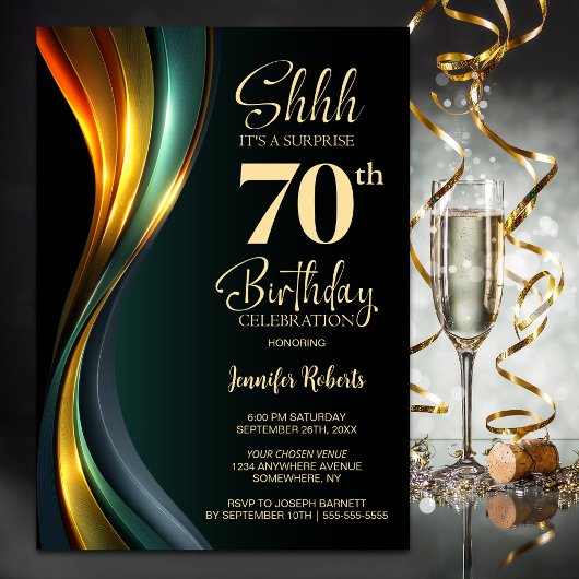 Modern Black and Gold Surprise 70th Birthday Party Kaart