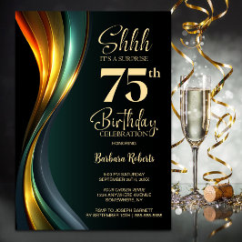 Modern Black and Gold Surprise 75th Birthday Party Kaart