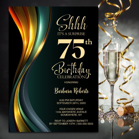 Modern Black and Gold Surprise 75th Birthday Party Kaart