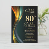Modern Black and Gold Surprise 80th Birthday Party Kaart (Staand voorkant)