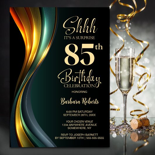 Modern Black and Gold Surprise 85th Birthday Party Kaart