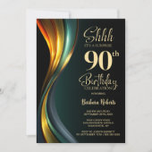 Modern Black and Gold Surprise 90th Birthday Party Kaart (Voorkant)