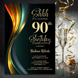 Modern Black and Gold Surprise 90th Birthday Party Kaart