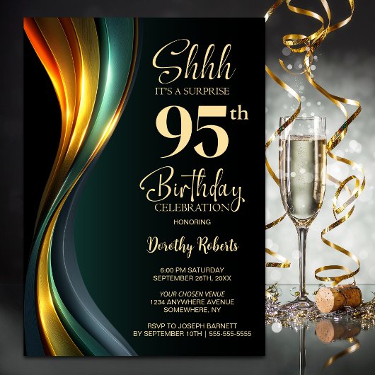 Modern Black and Gold Surprise 95th Birthday Party Kaart