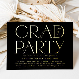 Modern Black and Gold Typography Graduation Party Folie Uitnodiging