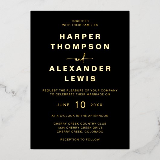 Modern Black and Gold Wedding Folie Uitnodiging (Voorkant)