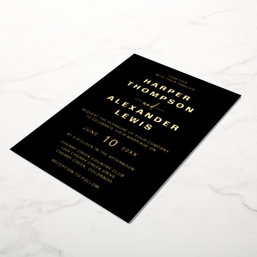 Modern Black and Gold Wedding Folie Uitnodiging (Gedraaid)