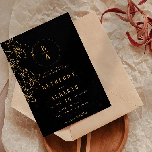 Modern Black and Gold Wedding Invitation Kaart