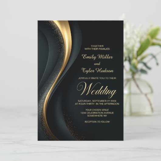 Modern Black and Gold Wedding Kaart (Staand voorkant)