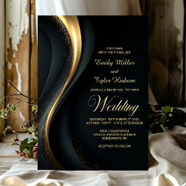 Modern Black and Gold Wedding Kaart