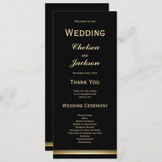 Modern Black and Gold Wedding Program Programmakaart (Voorkant / Achterkant)