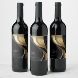 Modern Black and Gold Wedding Wijn Etiket