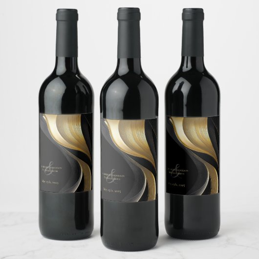 Modern Black and Gold Wedding Wijn Etiket (Flessen)