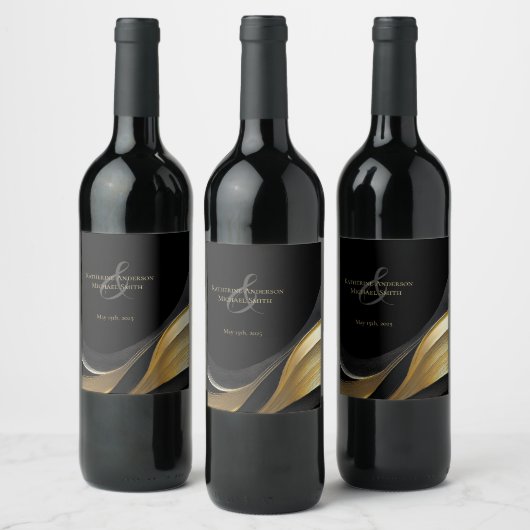 Modern Black and Gold Wedding Wijn Etiket (Flessen)