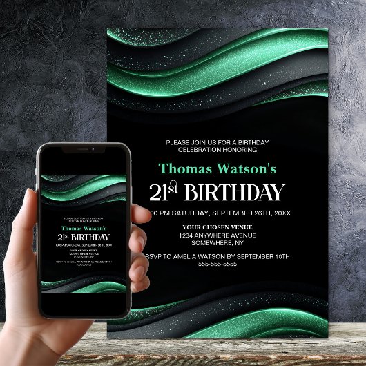Modern Black and Green 21st Birthday Party Kaart