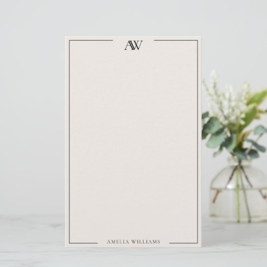 Modern Black and Ivory Minimalist Elegant Monogram Briefpapier (Staand voorkant)