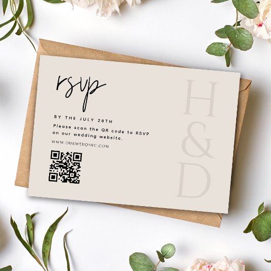 Modern Black and Ivory Monogram Minimalist Wedding RSVP Kaartje