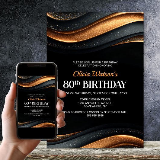 Modern Black and Orange 80th Birthday Party Kaart