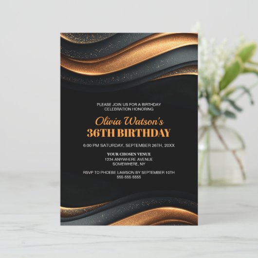 Modern Black and Orange Any Age Birthday Party Kaart (Staand voorkant)