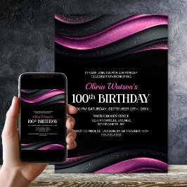 Modern Black and Pink 100th Birthday Party Kaart
