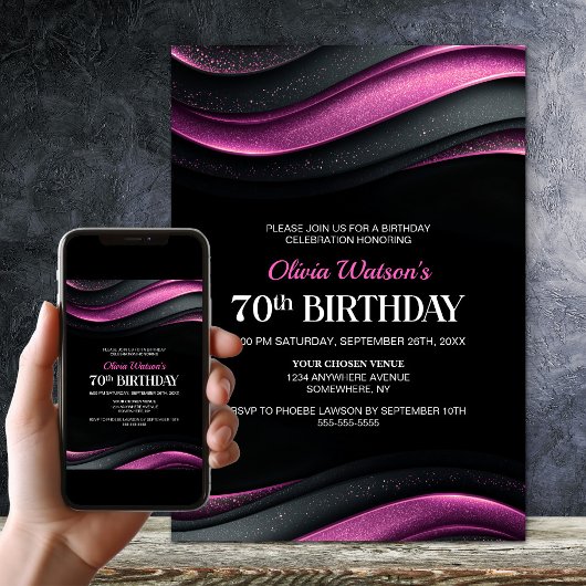 Modern Black and Pink 70th Birthday Party Kaart