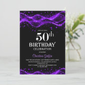 Modern Black and Purple 50th Birthday Party Kaart (Staand voorkant)