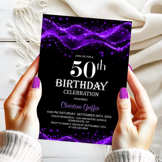 Modern Black and Purple 50th Birthday Party Kaart