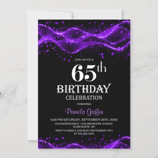 Modern Black and Purple 65th Birthday Party Kaart (Voorkant)