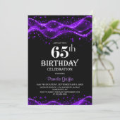 Modern Black and Purple 65th Birthday Party Kaart (Staand voorkant)