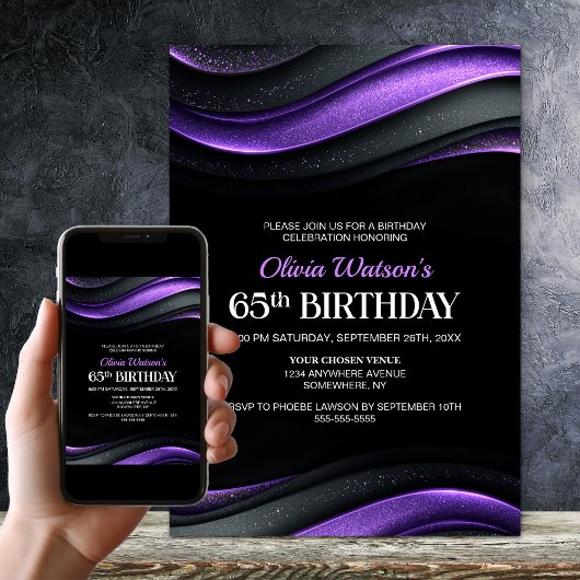 Modern Black and Purple 65th Birthday Party Kaart