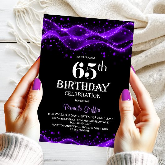 Modern Black and Purple 65th Birthday Party Kaart