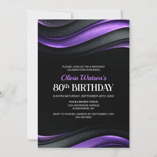Modern Black and Purple 80th Birthday Party Kaart (Voorkant)