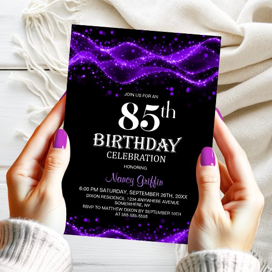 Modern Black and Purple 85th Birthday Party Kaart