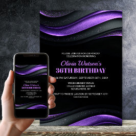 Modern Black and Purple Any Age Birthday Party Kaart