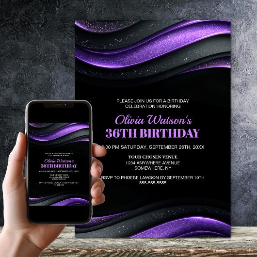 Modern Black and Purple Any Age Birthday Party Kaart