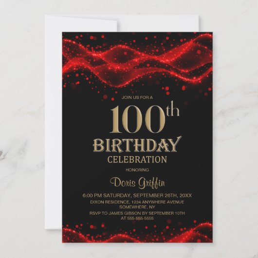 Modern Black and Red 100th Birthday Party Kaart (Voorkant)
