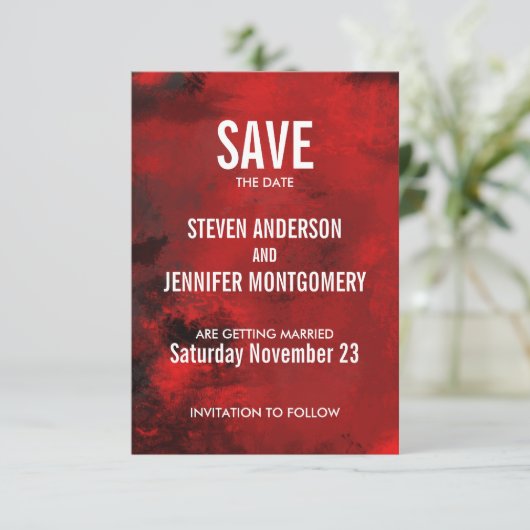 Modern Black and Red Artistic Abstract Wedding Save The Date (Staand voorkant)
