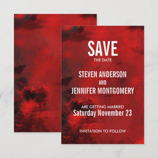 Modern Black and Red Artistic Abstract Wedding Save The Date (Voorkant / Achterkant)