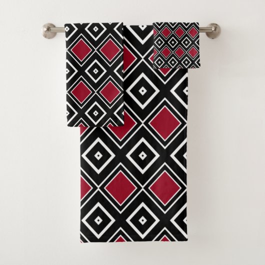 Modern Black and Red Geometric Diamond Pattern Bad Handdoek (Insitu)