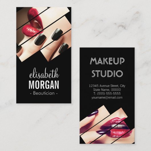 Modern Black and Red Mode Makeup Beauty Salon Visitekaartje (Voorkant / Achterkant)